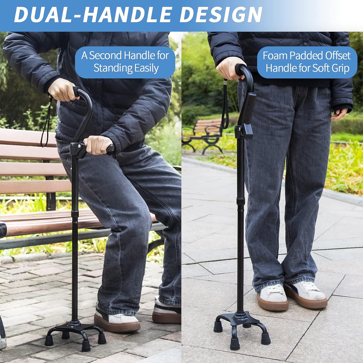 Adjustable Walking Cane for Men & Women with 4-Pronged Base for Extra Stability - Foldable Cane for Seniors with Foam Padded Offset Handle for Soft Grip & a Second Handle for Standing - Image 6