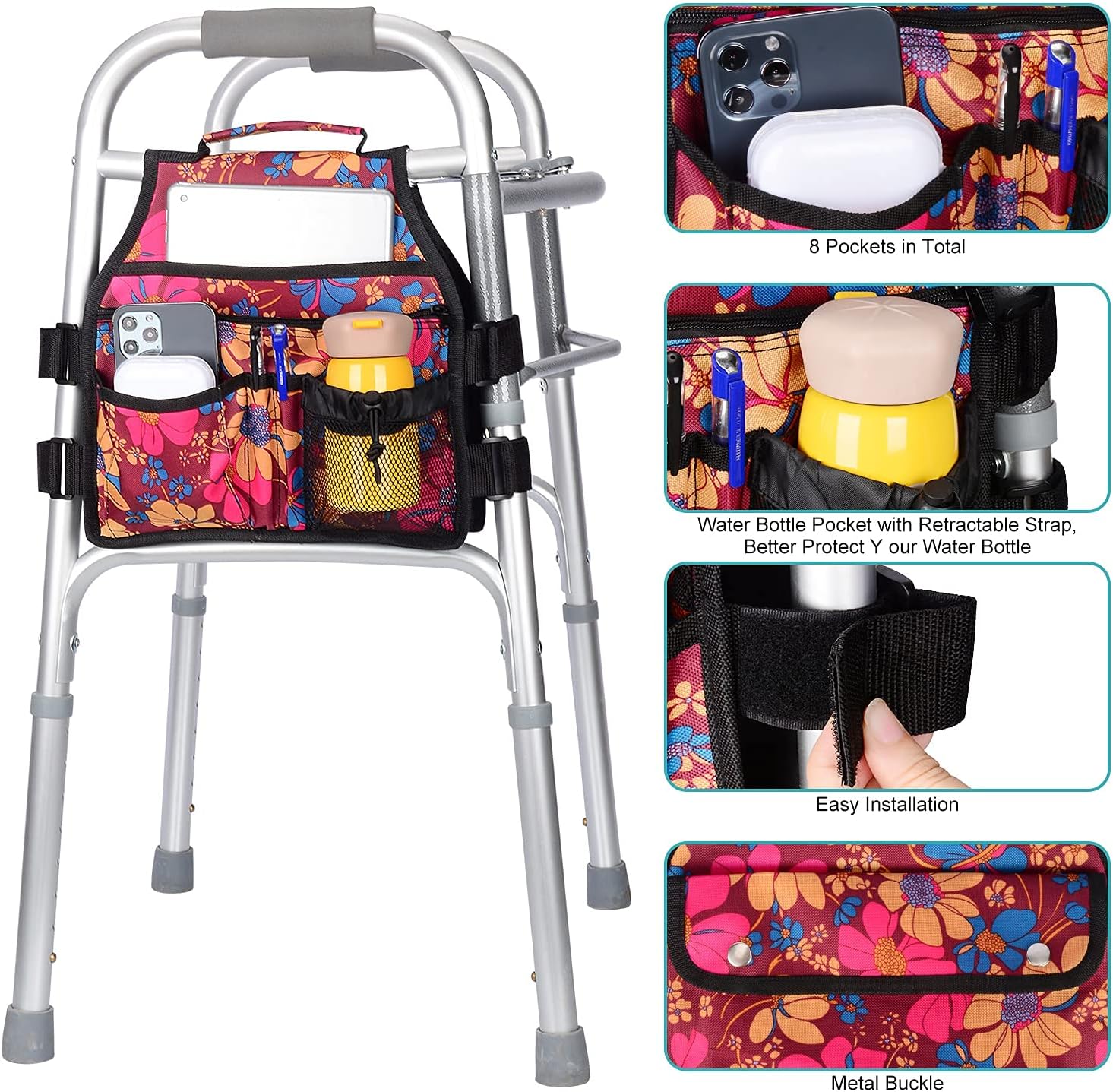 supregear Side Walker Bag, Walker Accessories Bag w/Cup Holder, Folding Walker Basket Waterproof Walker Organizer Caddy Pouch for Most Walker with Side Bar for Seniors, Elderly, Double Sided - Image 2