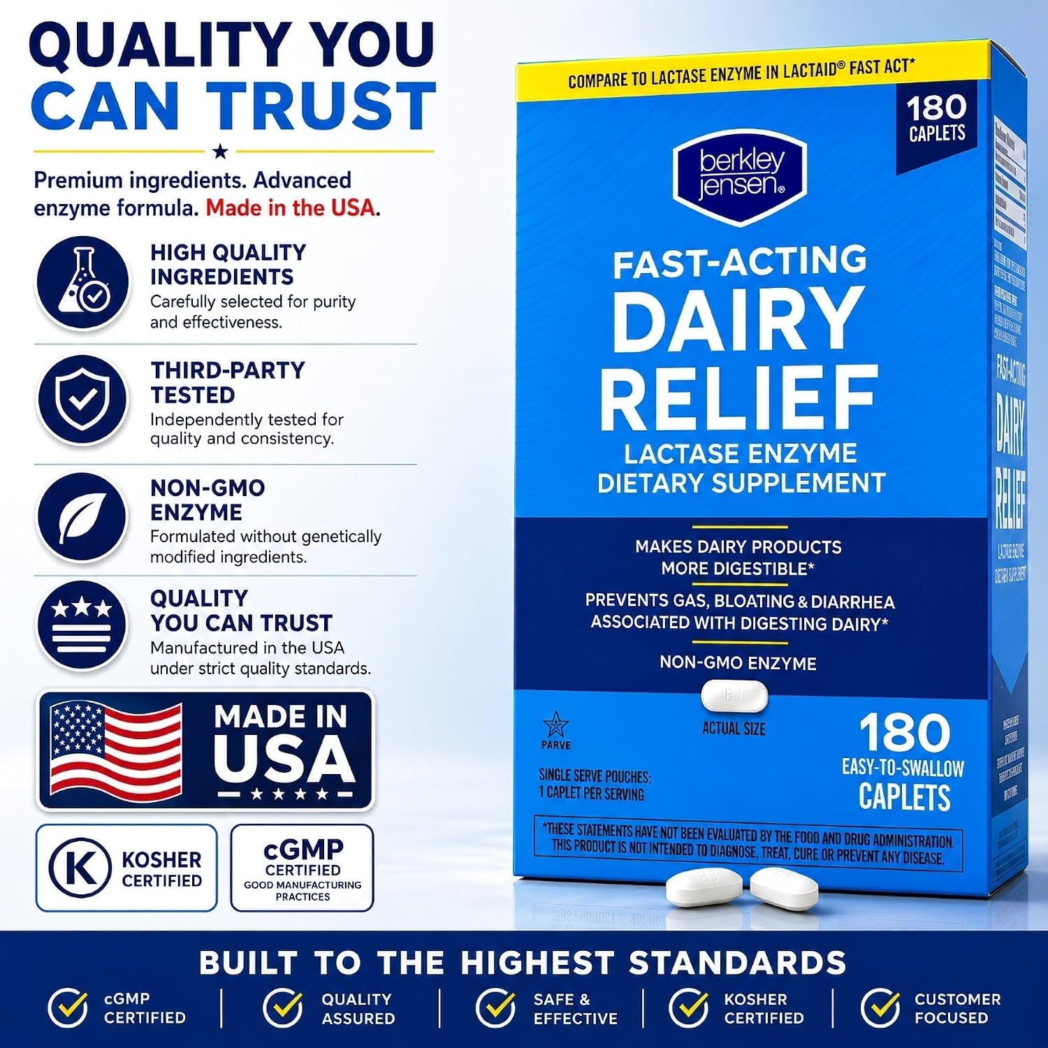 berkley jensen Maximum Strength Fast Acting Lactase Enzyme 9000 FCC - Natural Dairy Relief Digestive Supplement - Helps Prevent Bloating, Gas, Loose Bowels Due to Lactose Intolerance, 180 Tablets - Image 3