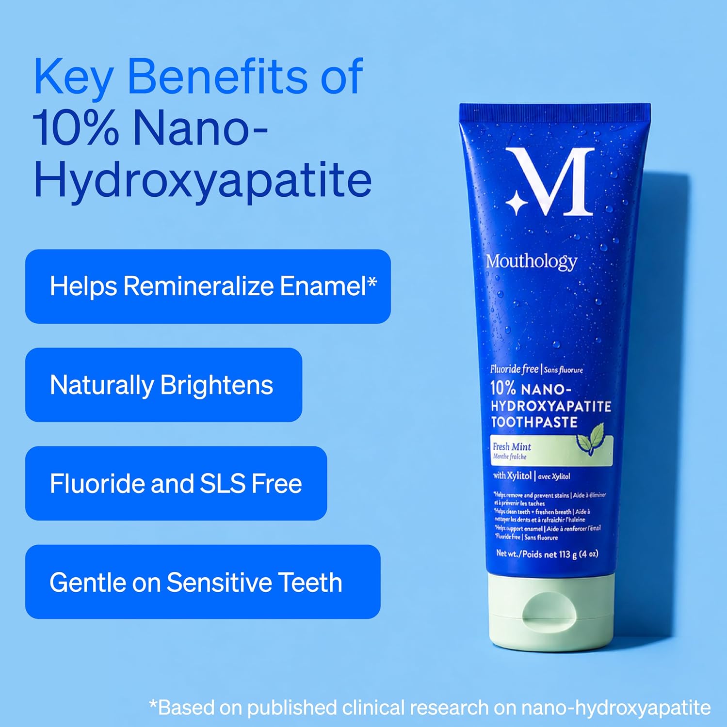 Mouthology 10% Nano Hydroxyapatite Toothpaste Fluoride Free, Whitening*, Rod Shaped nHA, Xylitol Toothpaste for Adults, Enamel Care*, Sensitive Teeth*, SLS Free, Mint 4oz (USA Made) Package May Vary - Image 2