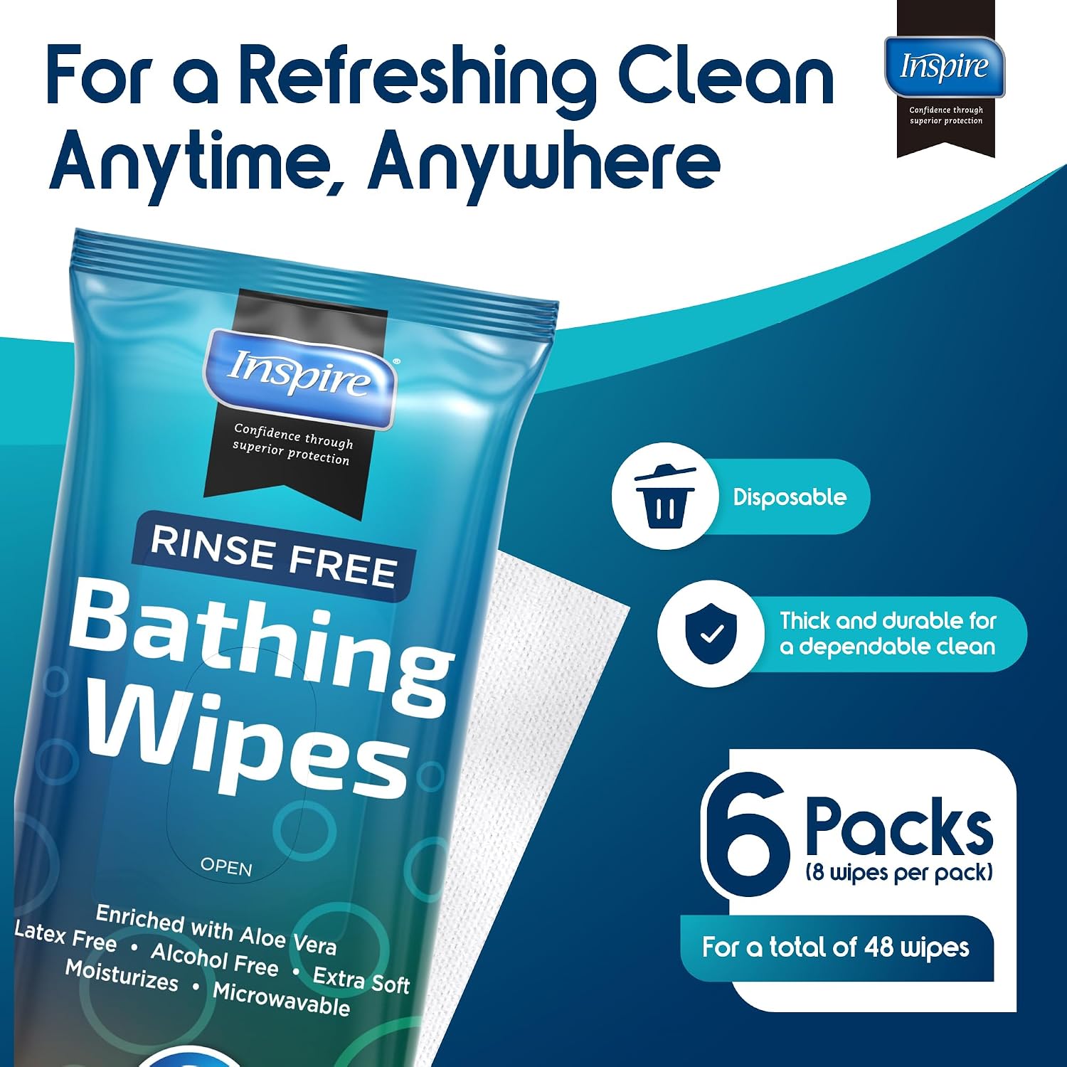 Bathing Wipes for adults bathing rinse free | Adult Wash Cloths Extra Large, Bathing Wipes for Incontinence, 8"x 8" In (48 count) | By Inspire - Image 3