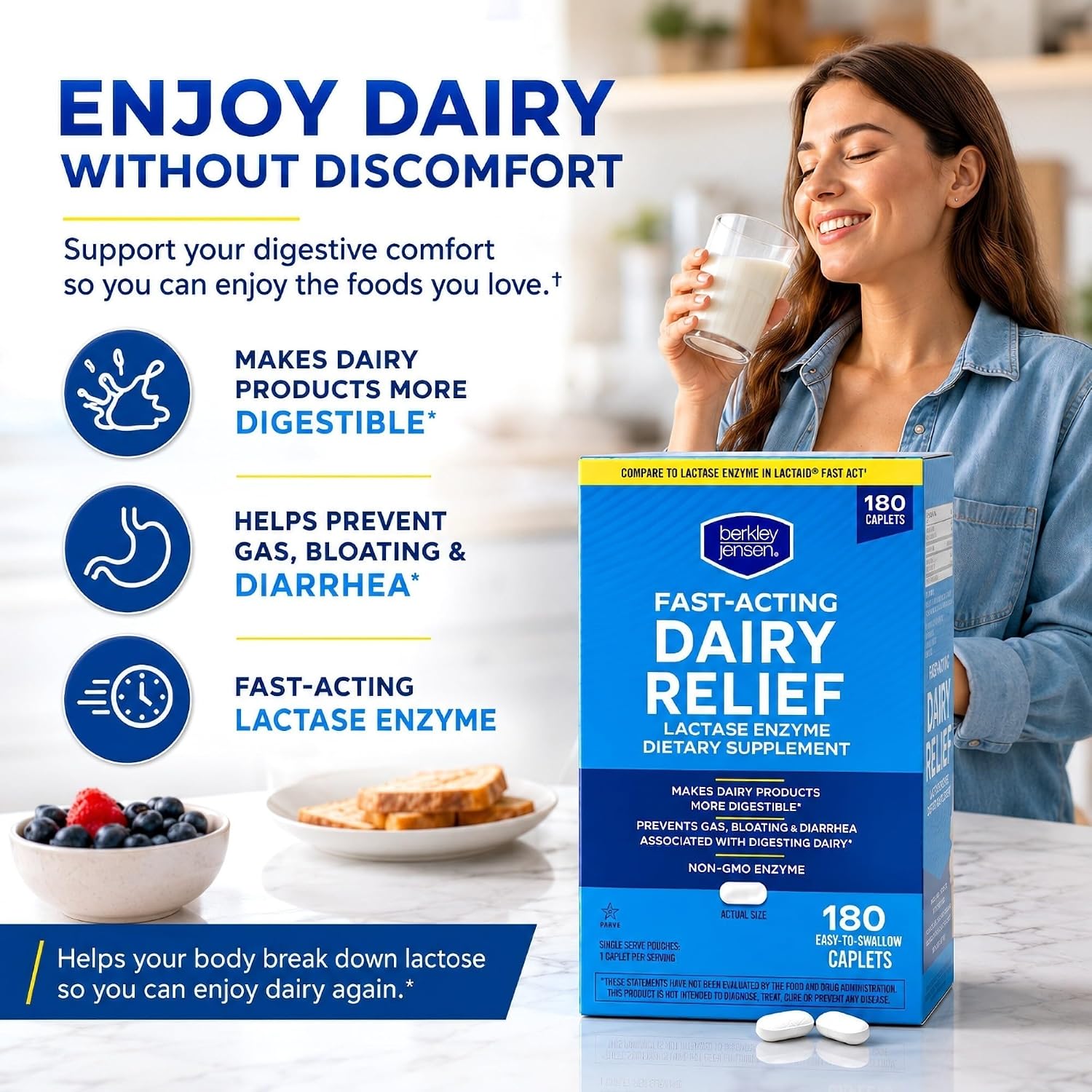 berkley jensen Maximum Strength Fast Acting Lactase Enzyme 9000 FCC - Natural Dairy Relief Digestive Supplement - Helps Prevent Bloating, Gas, Loose Bowels Due to Lactose Intolerance, 180 Tablets - Image 2