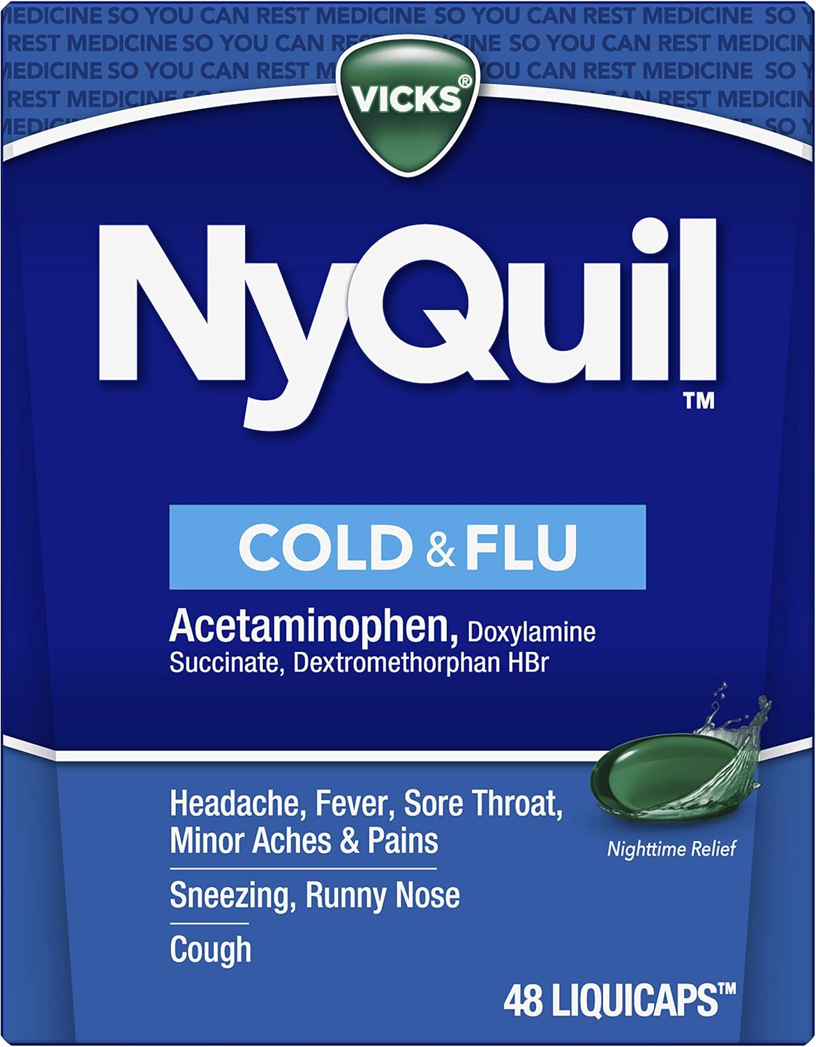 Vicks NyQuil Cold & Flu Relief Over-the-Counter Medicine, Powerful Multi-Symptom Nighttime Relief for Headache, Fever, Sore Throat, Aches, Sneezing, Runny Nose & Cough, 48 LiquiCaps - Image 7