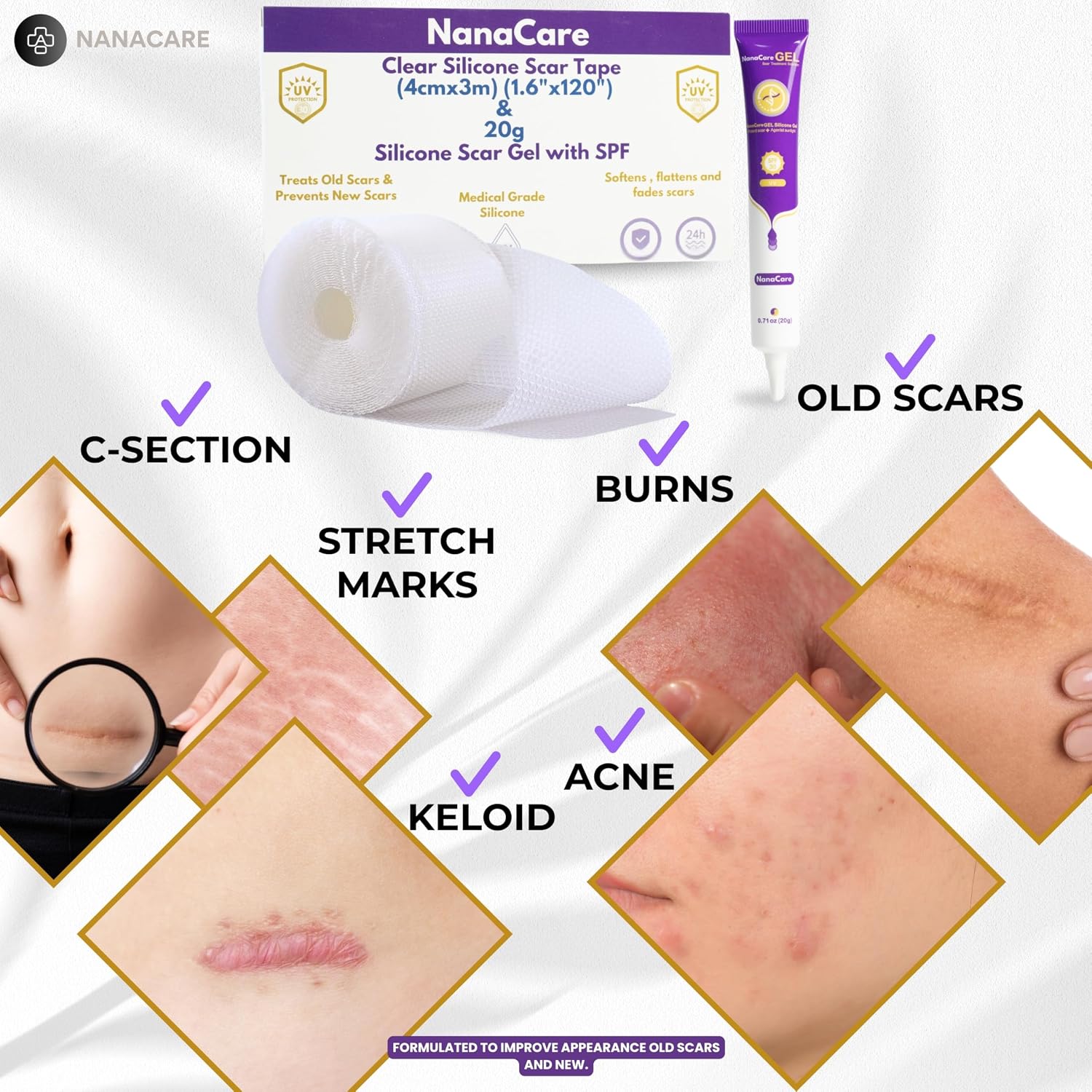 NanaCare Silicone Scar Gel with SPF 20G & Clear Silicone Scar Tape 120" x 1.5" Roll | Medical Grade Silicone Sheets and Scar Cream for C-Section, Tummy Tuck, Keloid, Face and Surgical Scars - Image 3